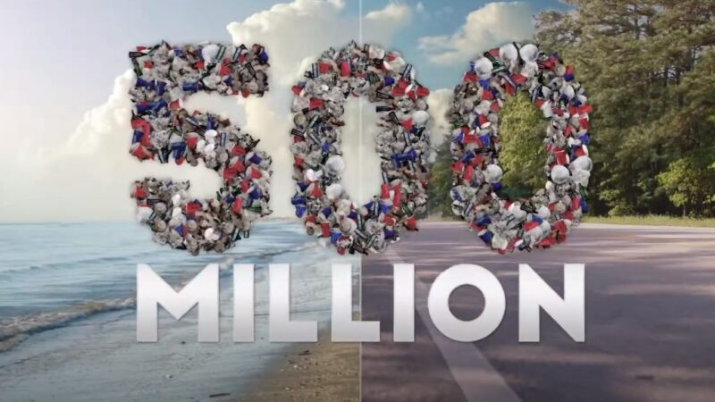 Litter from roadways and beaches comes together to create the number 500 million.