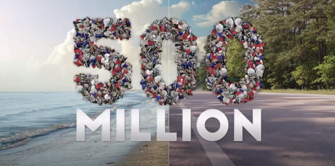 Litter from roadways and beaches comes together to create the number 500 million.