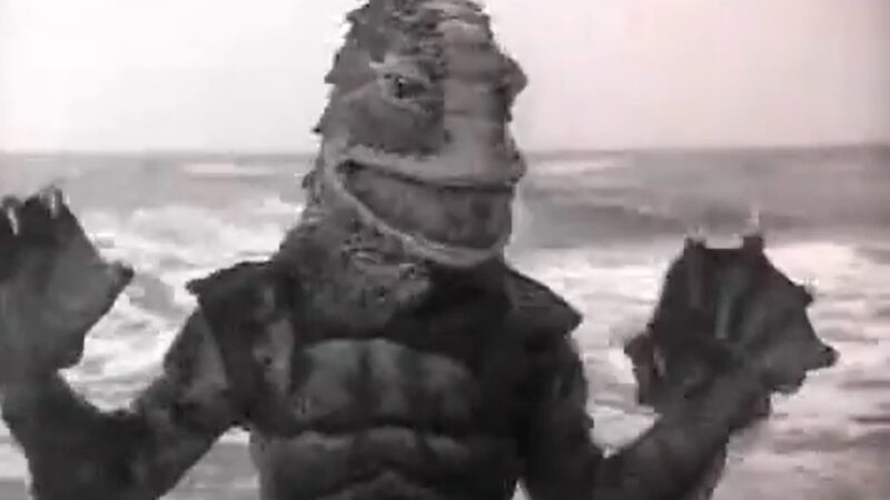 A monster coming up from the ocean and run away after seeing the litters on the beach