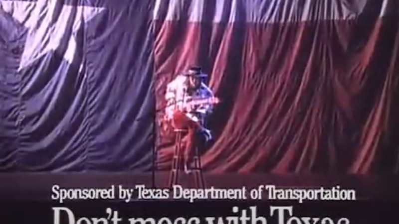 Musician Stevie Ray Vaughan sings for Don't mess with Texas.