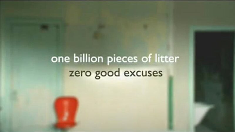 "One Billion pieces of litter. Zero good excuses." slogan on a room setting