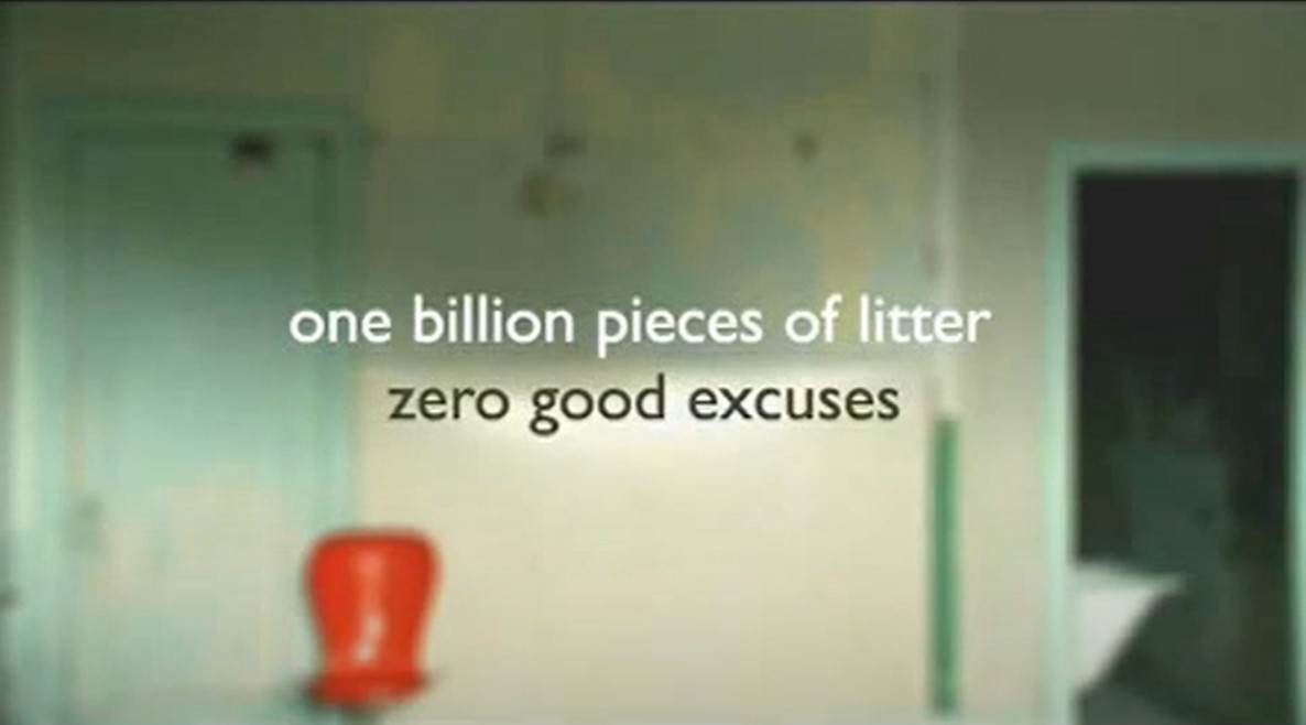 "One Billion pieces of litter. Zero good excuses." slogan on a room setting