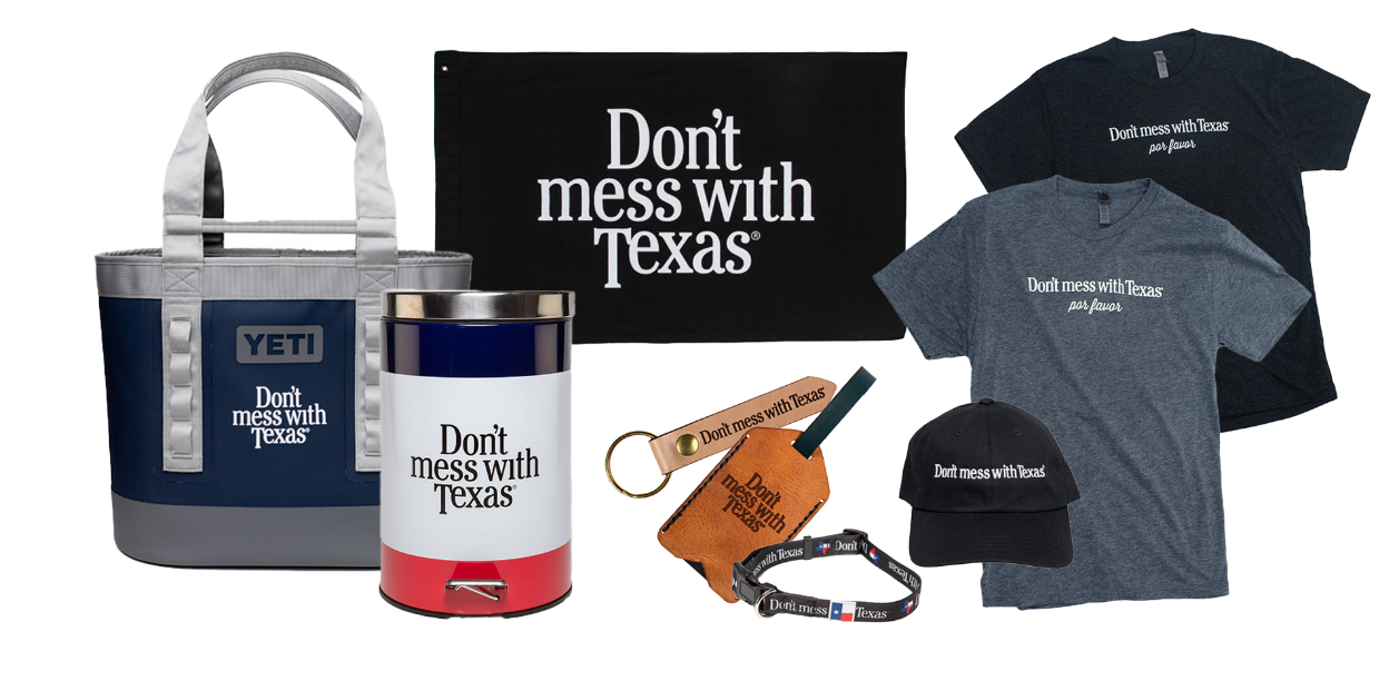 Ropa de Don't mess with Texas incluyendo camisetas, gorras, llaveros, un bote de basura y una bolsa YETI